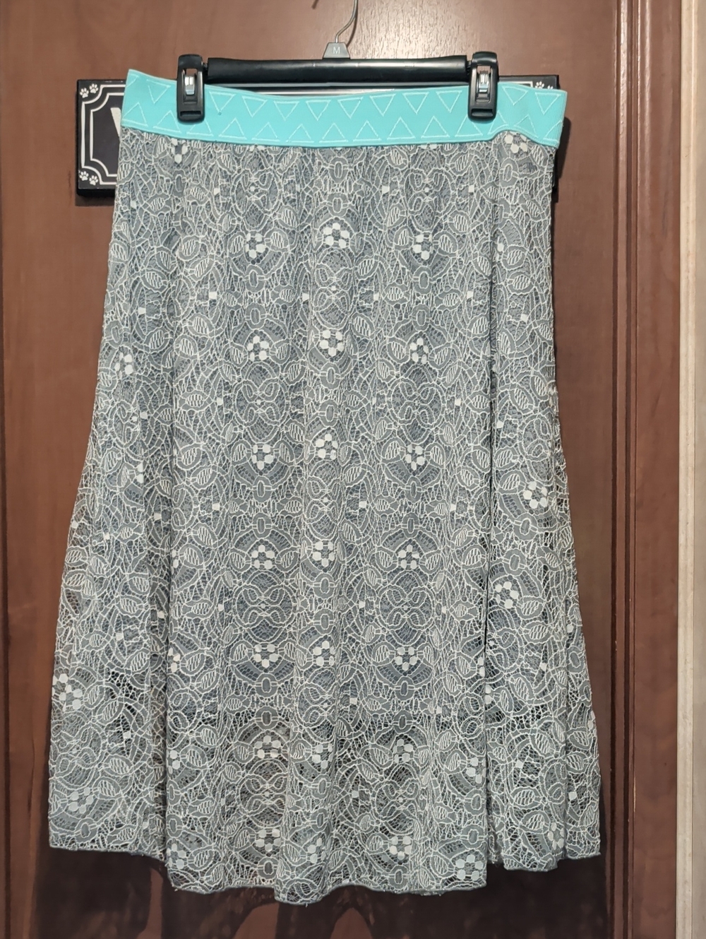 LuLaRoe Teal Waistband Gray Lace Midi Skirt